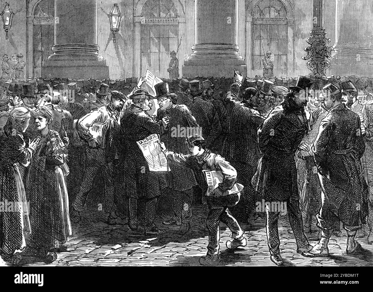 Scena di notte di fronte al Grand Theatre di Bordeaux, 1871. Guerra franco-prussiana. 'Questo grande e affascinante edificio si trova in Place de la Com&#xe9;Die, su cui si affacciano sette strade, cinque delle quali sono le più importanti e frequentate di Bordeaux...The All&#xe9;es de Tournay...sono formate da una doppia fila di negozi e caffè...tutti questi &#xe9;es sono una continuazione di Place de la Comedie, su cui sorgono i due principali caffè, in questi tempi politici e uomini di mezzanotte, con gente di tutti e uomini di massa, dalla mattina alla mezzanotte, mentre i club più frequentati lo sono Foto Stock