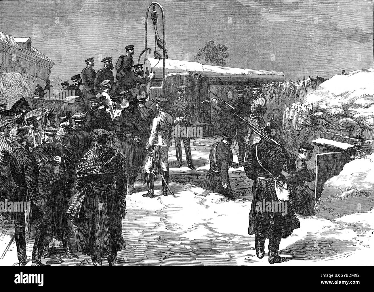 Visita del principe imperiale tedesco (principe ereditario di Prussia) al Mont Valérien, [Francia], 1871. Guerra franco-prussiana: "La resa di Parigi...il re di Prussia, o, come deve essere ora designato, l'imperatore tedesco, con il conte Moltke e altri, arrivò il giorno dopo per vedere la fortezza; così fece il principe imperiale tedesco (principe ereditario di Prussia), con il generale Blumenthal e il suo staff. Ispezionarono le grandi armi con poca attenzione, specialmente quella chiamata Sainte Valérie, che fu strappata da catene, in un modo particolare, all'interno di una struttura di ferro che si innalza sopra la sua carrozza. Da "Ill Foto Stock