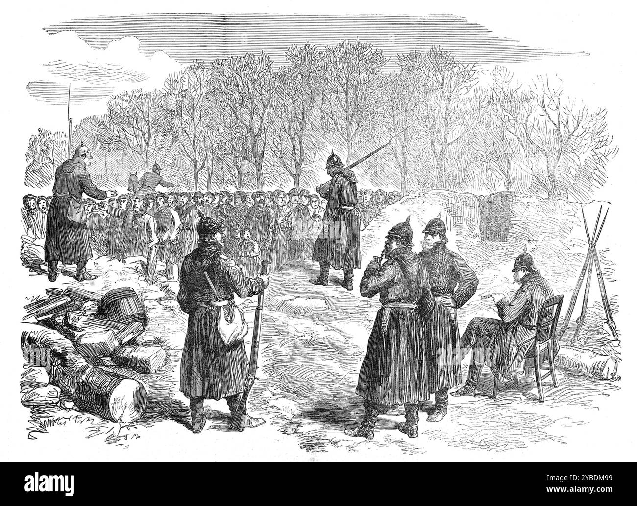 Barricata prussiana sulla strada Rueil: Contadini francesi in attesa di passare per i loro villaggi, 1871. Guerra franco-prussiana. "I villaggi di Rueil e Bougival, a ovest di Mont Valérien, erano occupati da un corpo di truppe tedesche, che avevano eretto diverse barricate... dall'altra parte delle strade di Parigi... i loro materiali erano uno strano mix di pietre, terra e legname comune, con il relitto di case, mobili domestici, dalle abitazioni in rovina delle persone che abitavano di recente. Quando fu fatta un'apertura per il passaggio dell'artiglieria prussiana ai forti, una folla di poveri, che avevano la fuga Foto Stock