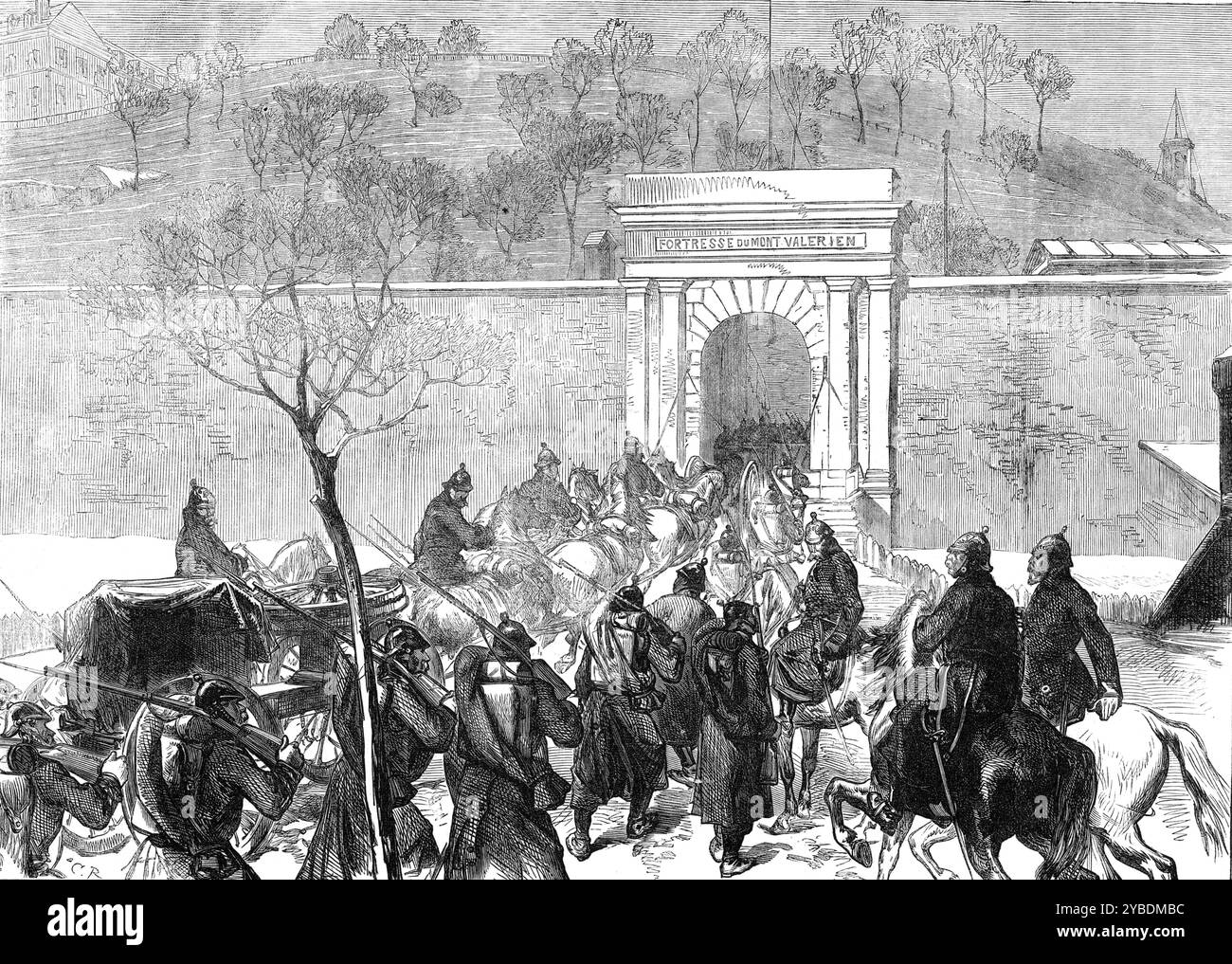 I tedeschi entrarono a Mont Val&#xe9;rien, 1871. Guerra franco-prussiana: "L'ingresso delle truppe prussiane nella fortezza di Mont Val&#xe9;rien e l'issaggio della bandiera nazionale e imperiale tedesca domenica 29 gennaio... questa fortezza, sulla collina appena fuori dal Bois de Boulogne, di fronte a St. Cloud, è ben nota per vista a tutti coloro che hanno visitato Parigi, essendo una caratteristica evidente e imponente nelle vedute che guardano verso ovest su quel lato della città. Ha un aspetto piuttosto pesante, come se fosse sovradimensionato dall'enorme caserma quadrata in cima al tumulo. Il mili francese Foto Stock