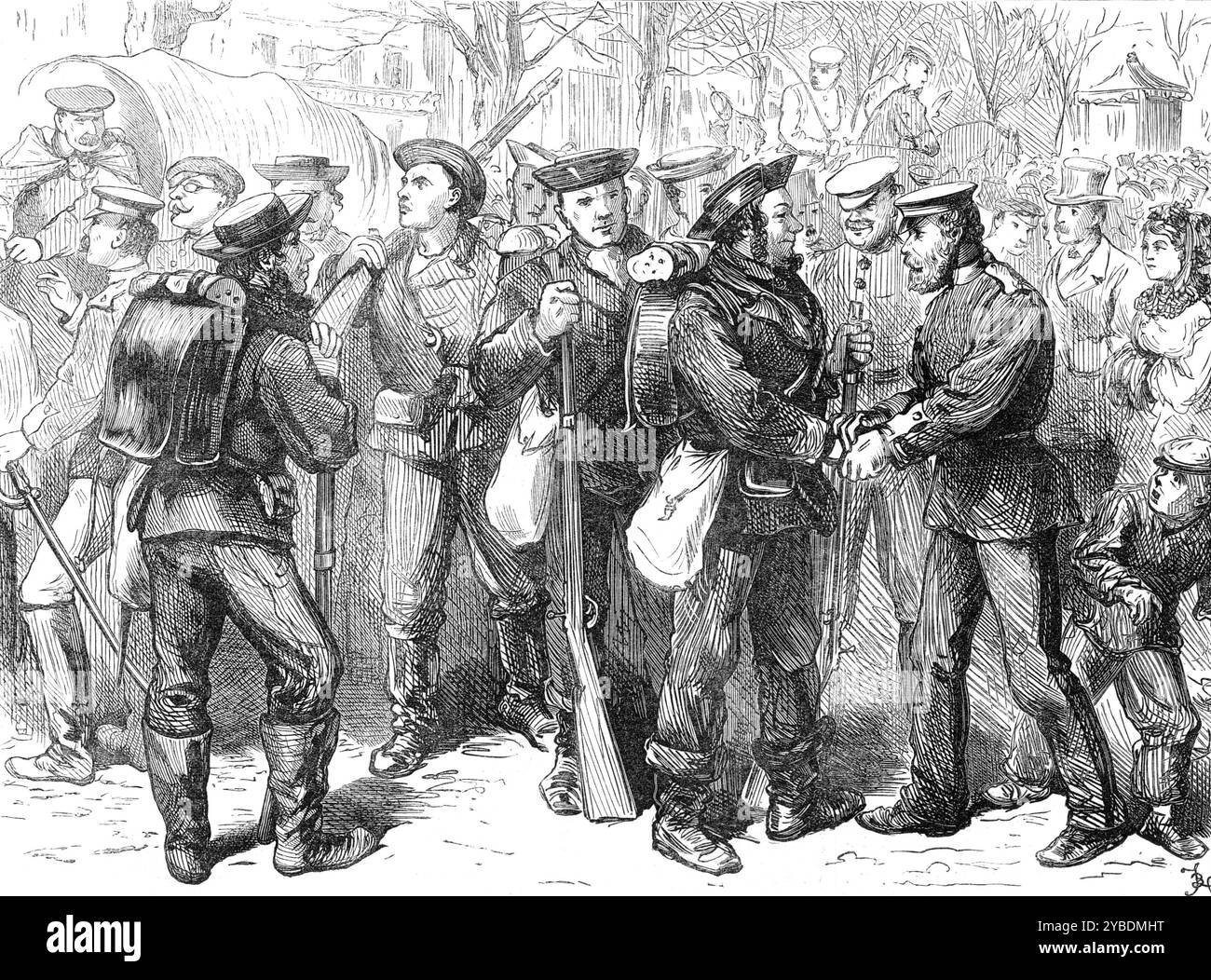 Arrivo dei marinai prussiani a Versailles, 1871. La guerra franco-prussiana. Dal signor Landells, il nostro artista speciale alla sede prussiana di Versailles, abbiamo un bozzetto dell'arrivo di un certo numero di marinai tedeschi, distaccati dal servizio navale, ora che il Baltico è chiuso dal gelo, e inviato come rinforzo all'esercito che assediava Parigi. Sono stati accolti calorosamente dai loro connazionali dell'esercito di terra". Da "Illustrated London News", 1871. Foto Stock