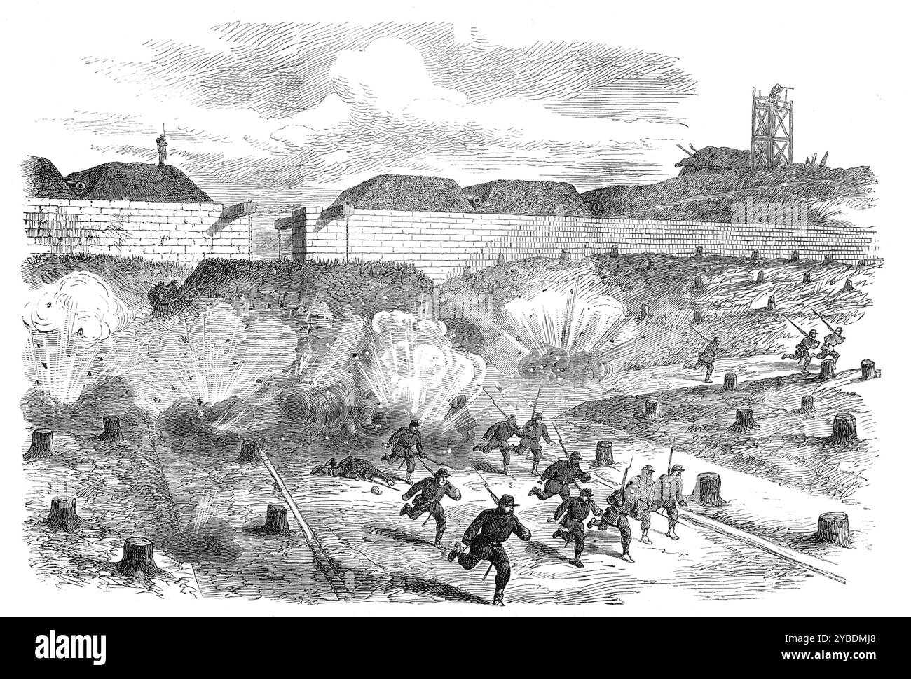 Scoppio di conchiglie prussiane all'interno della porte d'Auteuil, Parigi, (schizzo con palloncino), 1871. La guerra franco-prussiana. "È più particolarmente nei quartieri sud e sud-ovest di Parigi che il più grande errore è stato fatto dai feroci bombardamenti delle batterie prussiane situate sulle colline o sui crinali di Meudon, Sevres, St. Cloud, Montretout, Clamart, Chatillon, May, e, più feroce di tutti, dall'alto del Pavilion de Breteuil. Ma le conchiglie sono cadute anche nei sobborghi occidentali; sulla strada tra Auteuil e Boulogne, intorno alla porte d'Auteuil, hanno fermato la marcia Foto Stock