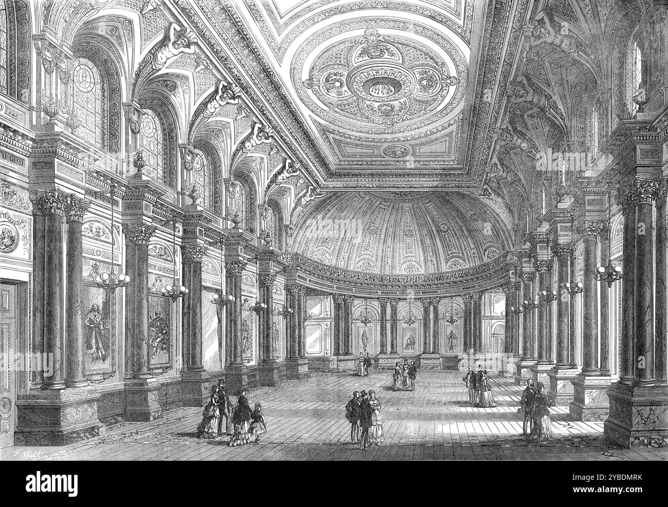 La nuova sala della Drapers' Company, Throgmorton-Street, [City of London], 1871. "L'antica London City Guild of Drapers è ora nell'occupazione della sua nuova sala... che è un magnifico edificio... la grande sala da pranzo è una sala dalle proporzioni nobili e ricca di decorazioni. È quadrata su un'estremità e semicircolare sull'altra; la lunghezza è di 82 piedi...l'altezza del soffitto è di 44 piedi. Le colonne piene, di marmo, in piedi da sole, chiare dalle pareti, sono posizionate lungo ogni lato, su piedistalli con piedistalli di marmo nero e oro, tutto intorno alla stanza... c'è una mezza cupola sopra la S. Foto Stock