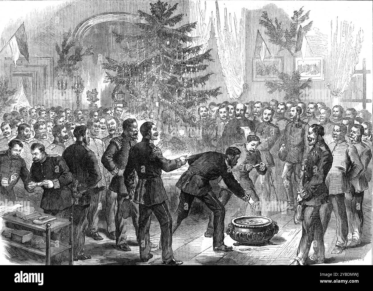La vigilia di Natale dei tedeschi in Francia, 1871. "Il nostro artista speciale, il signor Landells, presso la sede prussiana di Versailles... è stato invitato, in compagnia del corrispondente del Daily Telegraph, e con un ufficiale militare americano, alla festa della vigilia di Natale data dal conte von Alvensleben, capitano della quinta compagnia del secondo battaglione del 2° Reggimento della Guardia prussiana Landwehr, nel villaggio di Fontenay-le-Fleury...Un grande albero di Natale era stato eretto nel salone principale della casa...l'ospite condusse i suoi visitatori inglesi al Fest-Saal, dove trovarono la compagnia di sol Foto Stock