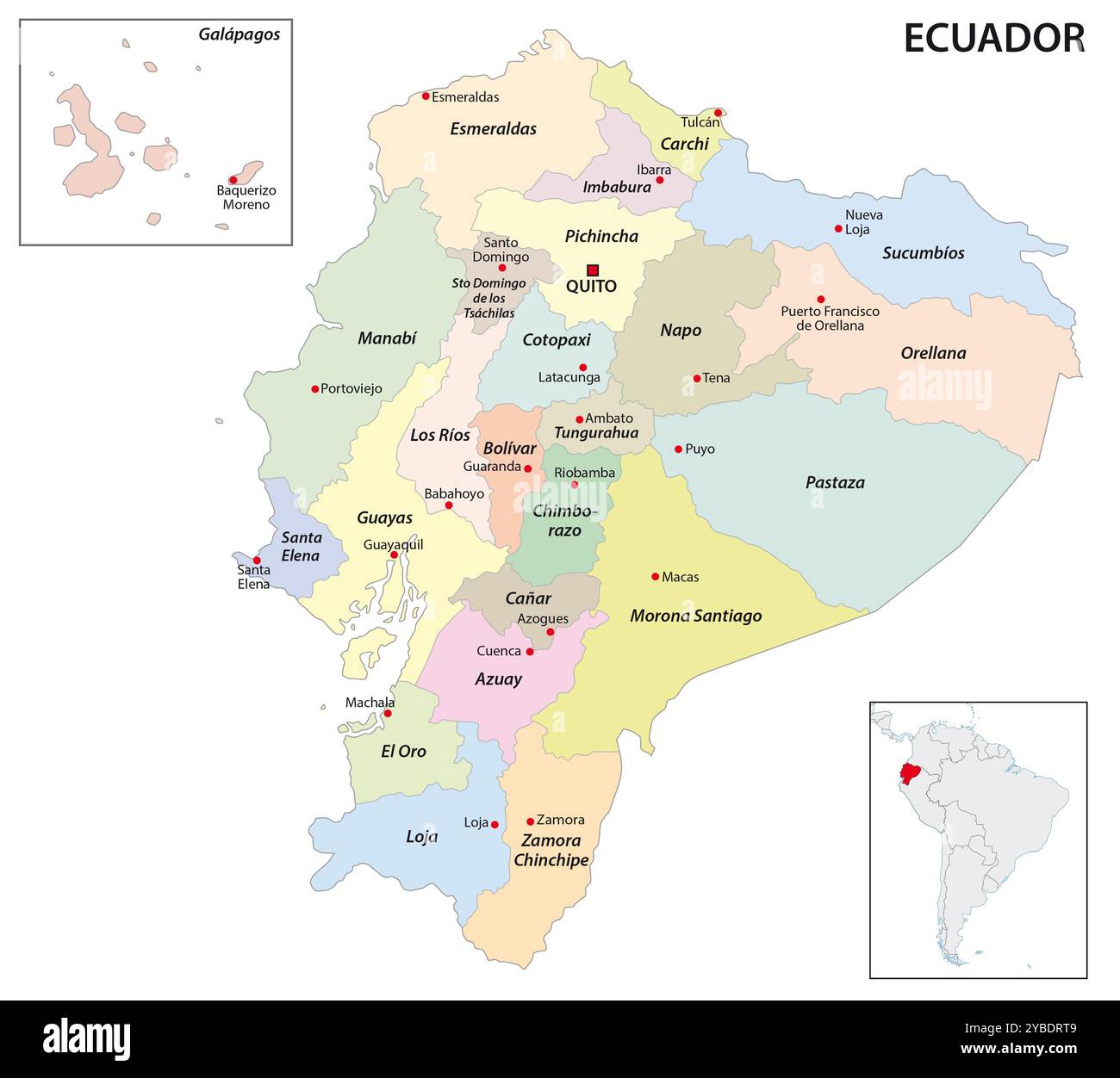 Carta amministrativa vettoriale della Repubblica sudamericana dell'Ecuador Foto Stock