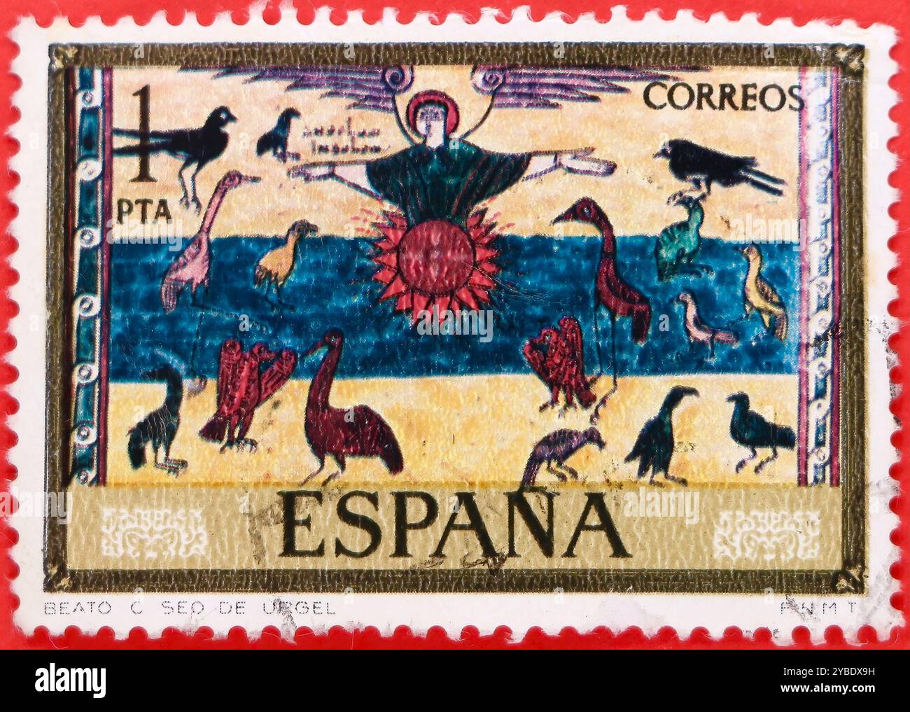 Foto di un francobollo spagnolo di 1 peseta con un'illustrazione tratta da un codice Benedizione degli uccelli millenario della Cattedrale di Gerona serie 1975 Foto Stock