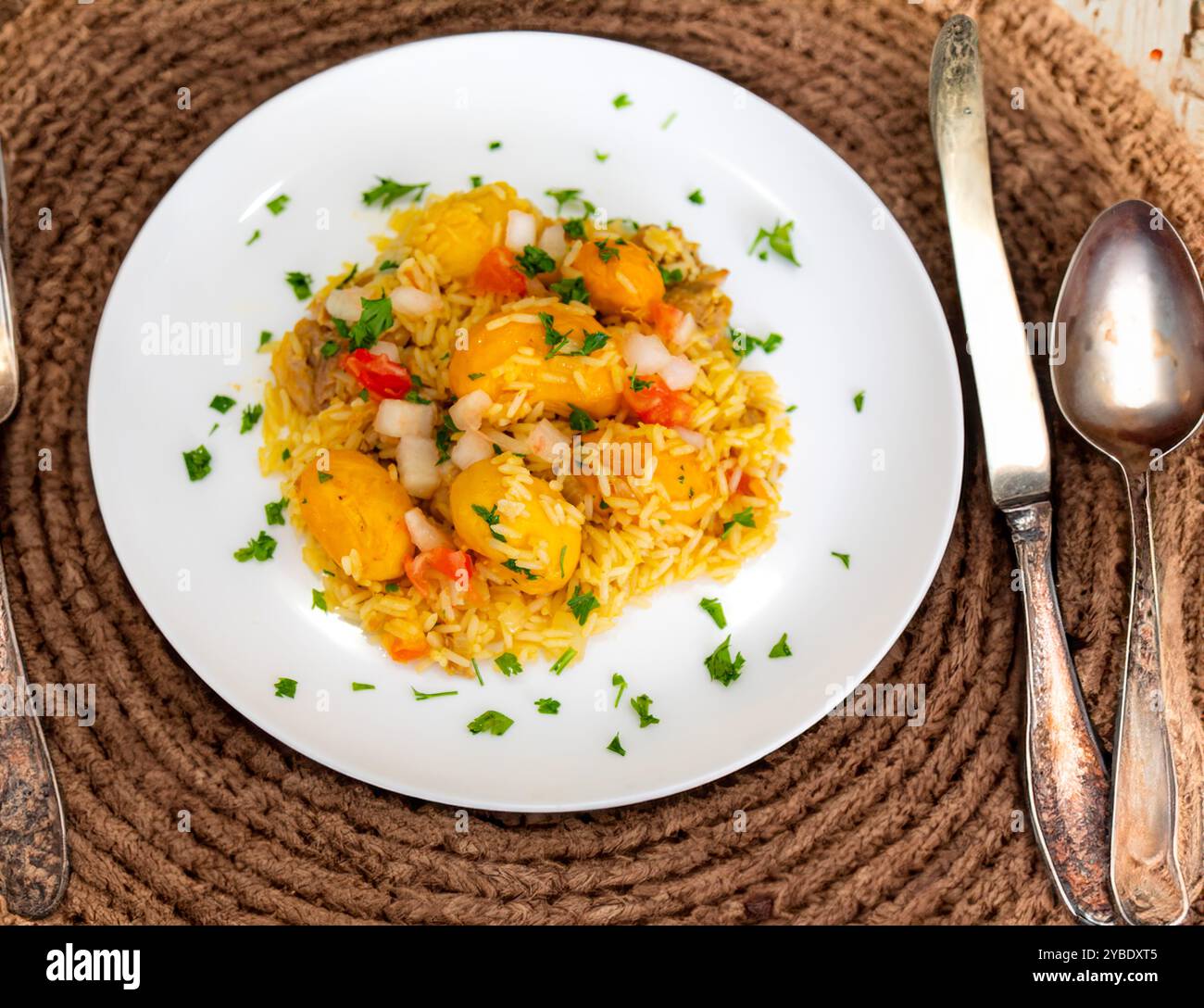 Piatto tradizionale brasiliano di pollo con pequi (caryocar brasiliense) e riso Foto Stock