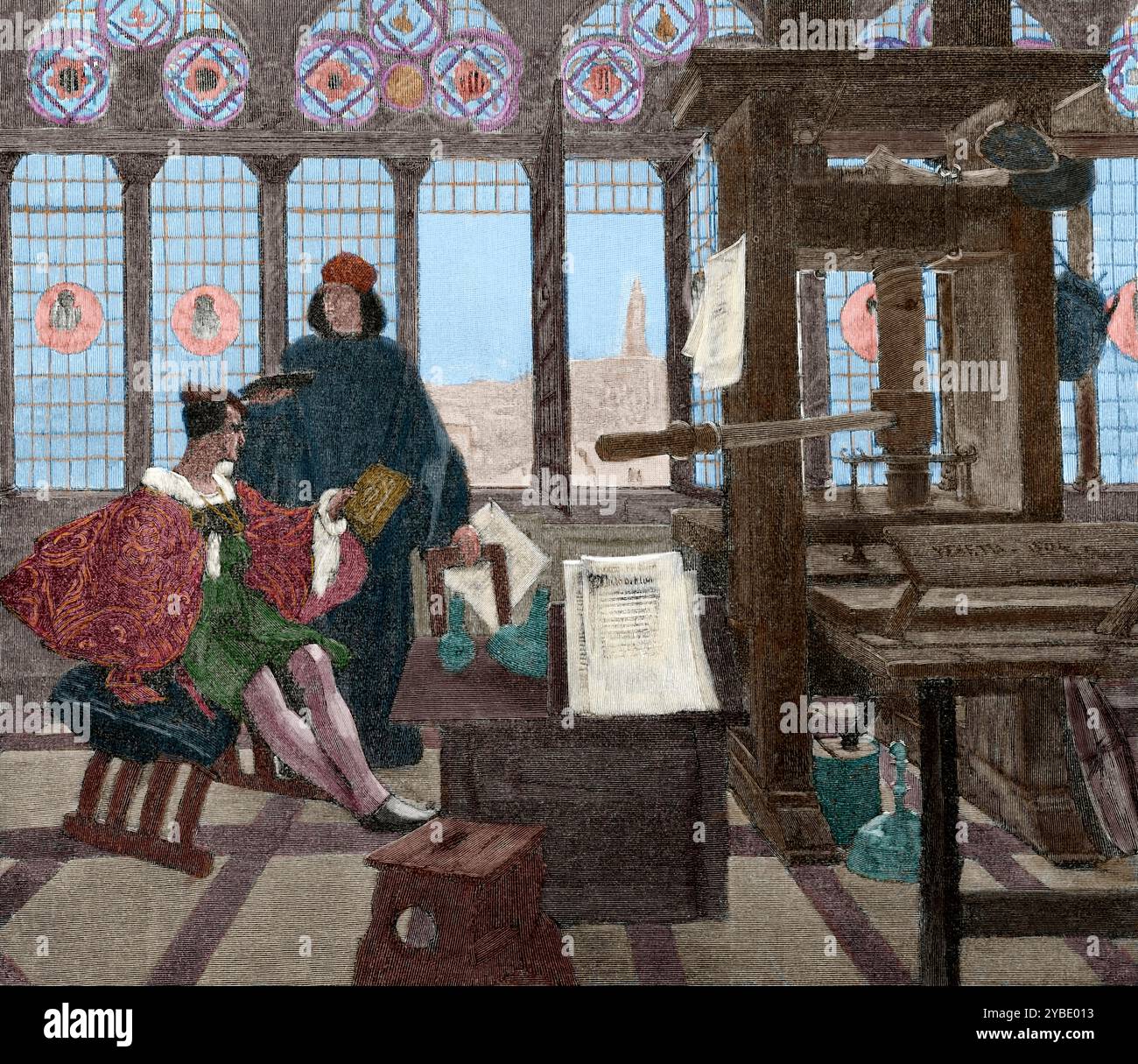 Jean Grolier e Aldus Pio Manutius, 1880. Collezionista di libri francese Grolier (c1479-1565), seduto, con l'umanista e tipografo italiano Aldus Pio Manutius (1449-1515) che fondò la Aldine Press. Da "El Mundo Ilustrado" (il mondo illustrato), 1880. (Stampa a colori in bianco e nero). Foto Stock