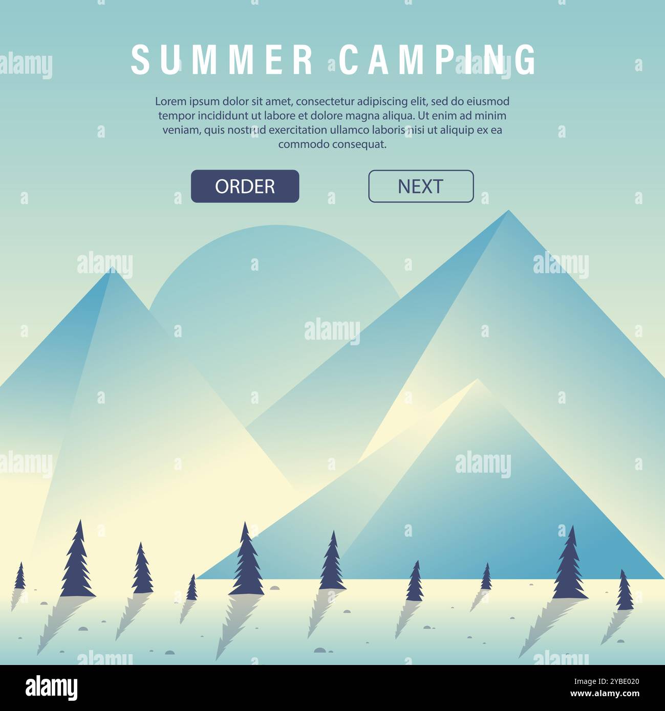 Campeggio estivo e modello per attività ricreative all'aperto. Progettazione di siti web per agenzie di viaggi Illustrazione Vettoriale