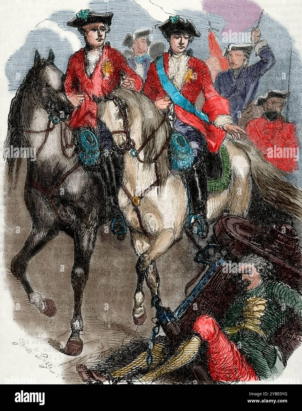 Luigi XV e il Delfino nella Battaglia di Fontenoy, Guerra di successione austriaca, 1745, (1851). Luigi XV di Francia (1710-1774), re di Francia e Navarra, era anche conosciuto come Luigi l'amato. Come erede apparente, suo figlio Luigi divenne Delfino di Francia. Da "Biblioteca Universal", Ediciones Populares, 1851. (Stampa a colori in bianco e nero). Foto Stock