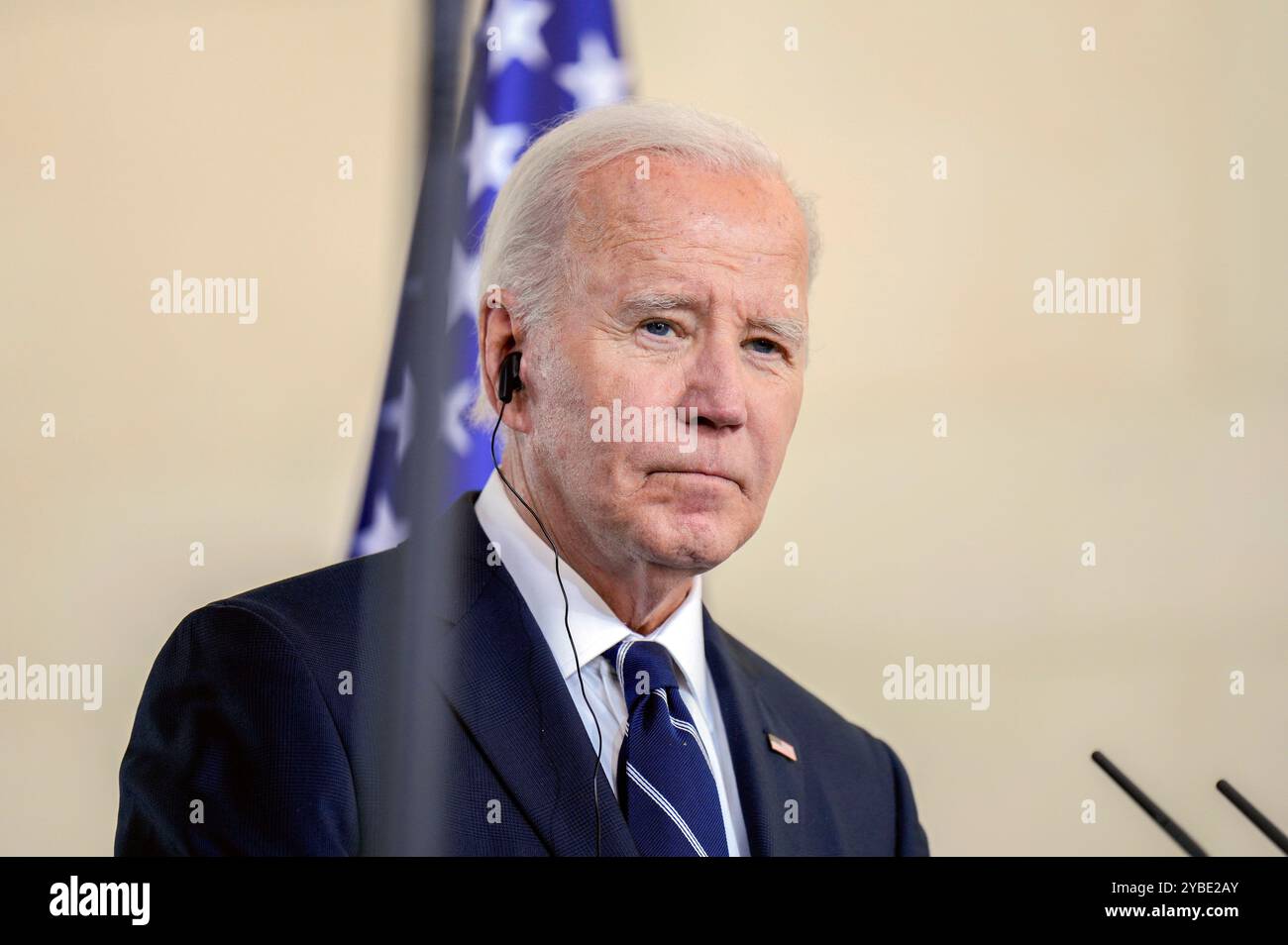 Joe Biden beim Pressestatement nach dem bilateralen Gespräch des amerikanischen Präsidenten mit dem Bundeskanzler im Bundeskanzleramt. Berlino, 18.10.2024 Foto Stock