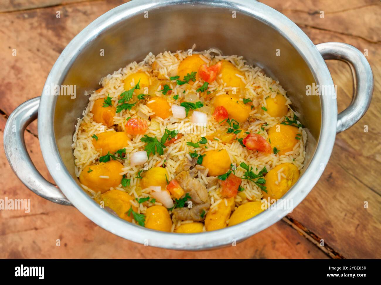 Piatto tradizionale brasiliano di pollo con pequi (caryocar brasiliense) e riso Foto Stock