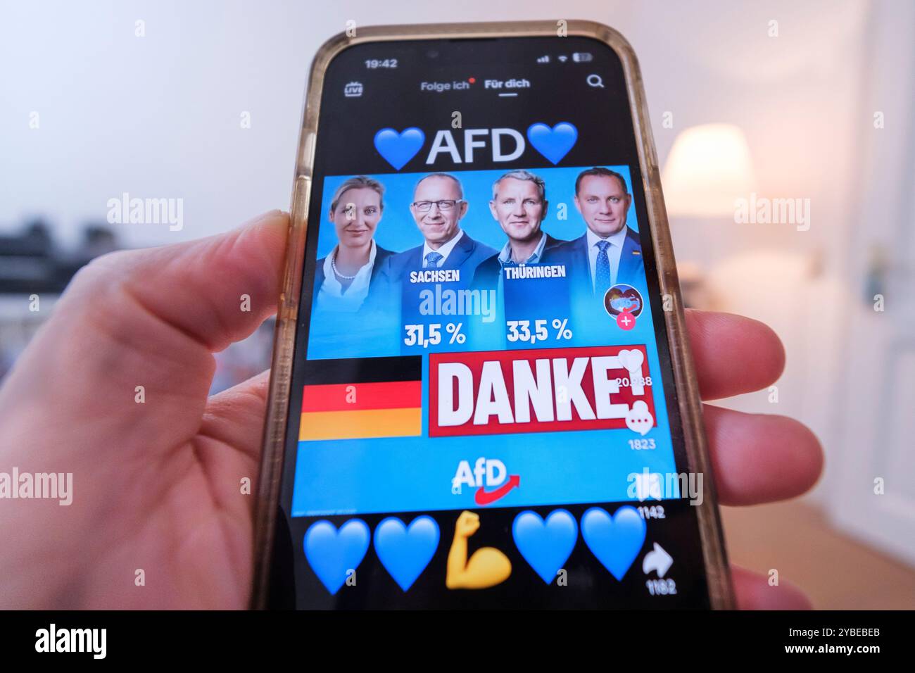 Impugnature un telefono cellulare su cui è visibile un palo dell'AFD sulla piattaforma TikTok Foto Stock