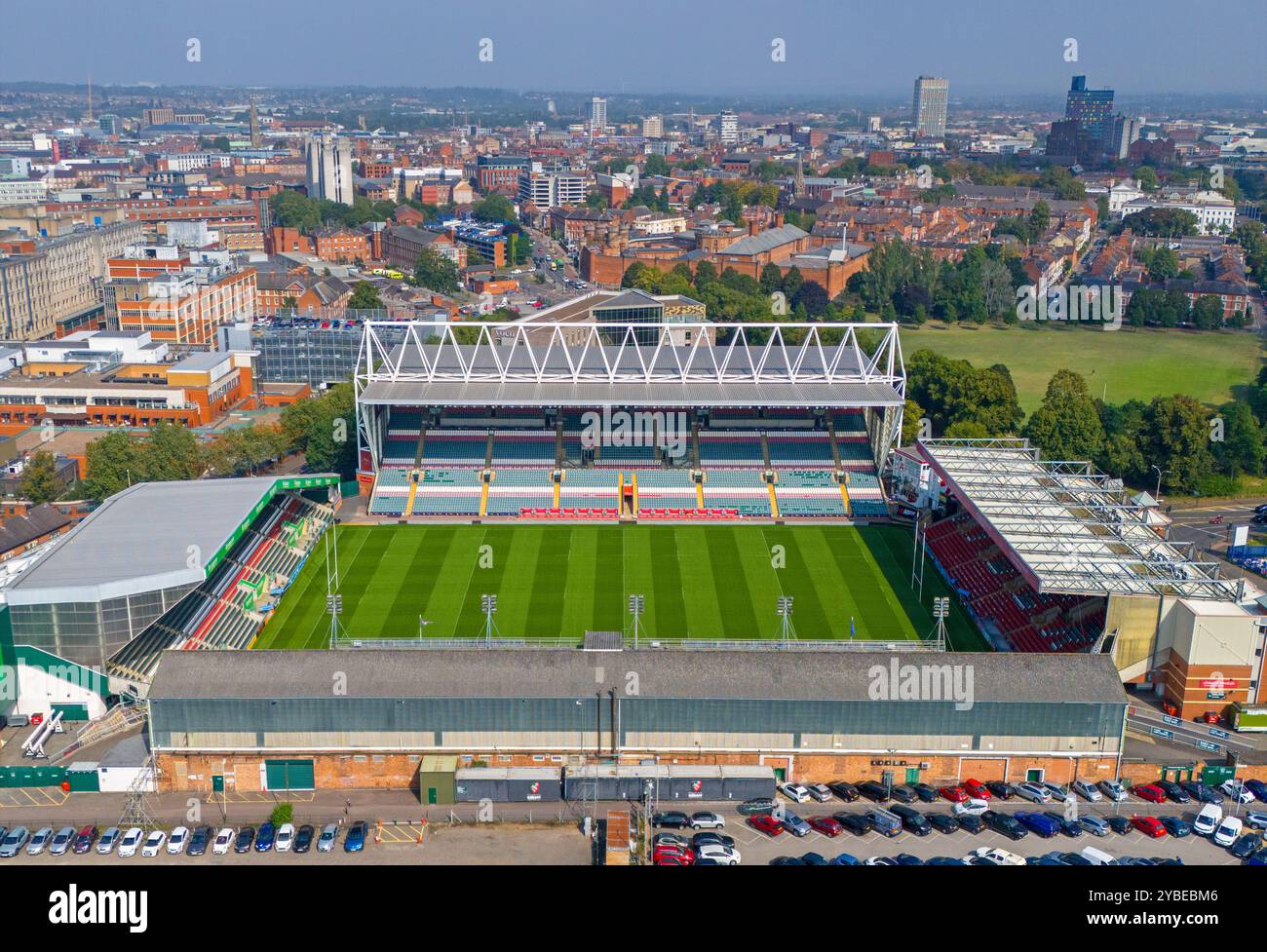 Welford Road Stadium, sede del Leicester Tigers Rugby Club. Immagine aerea. 6 settembre 2024. Foto Stock