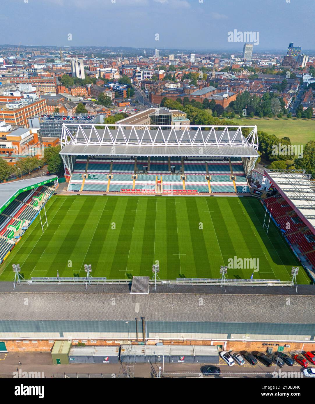 Welford Road Stadium, sede del Leicester Tigers Rugby Club. Immagine aerea. 6 settembre 2024. Foto Stock