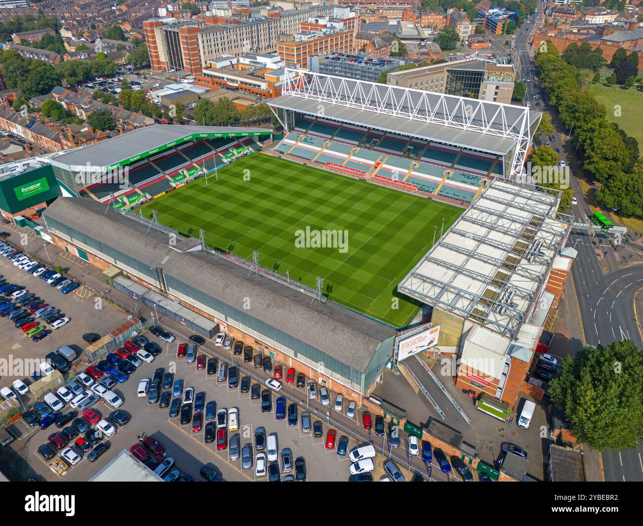 Welford Road Stadium, sede del Leicester Tigers Rugby Club. Immagine aerea. 6 settembre 2024. Foto Stock