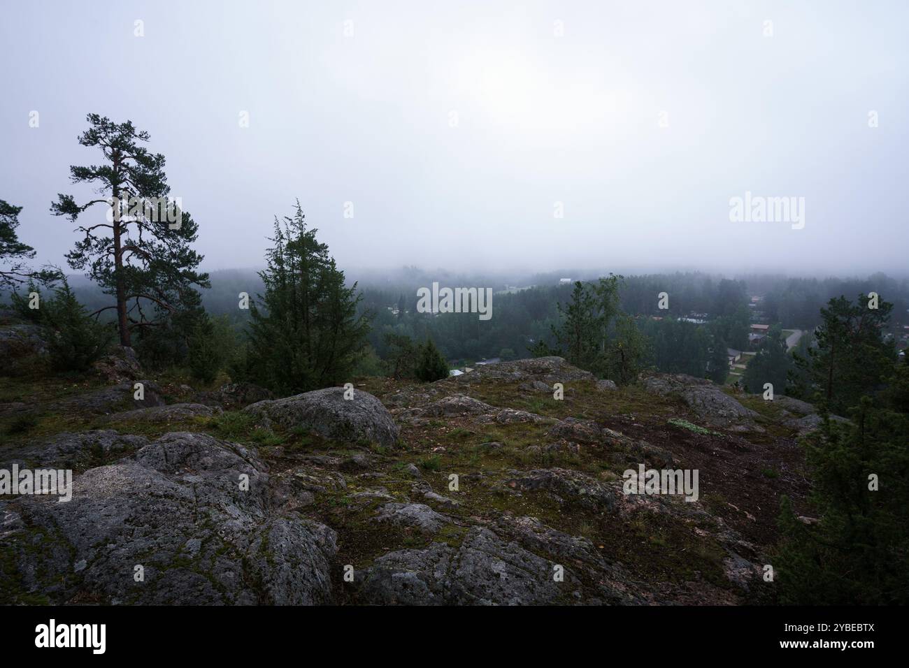 Vista del paesaggio nebbioso dal terreno roccioso che si affaccia su un'area boschiva alla luce del mattino presto Foto Stock