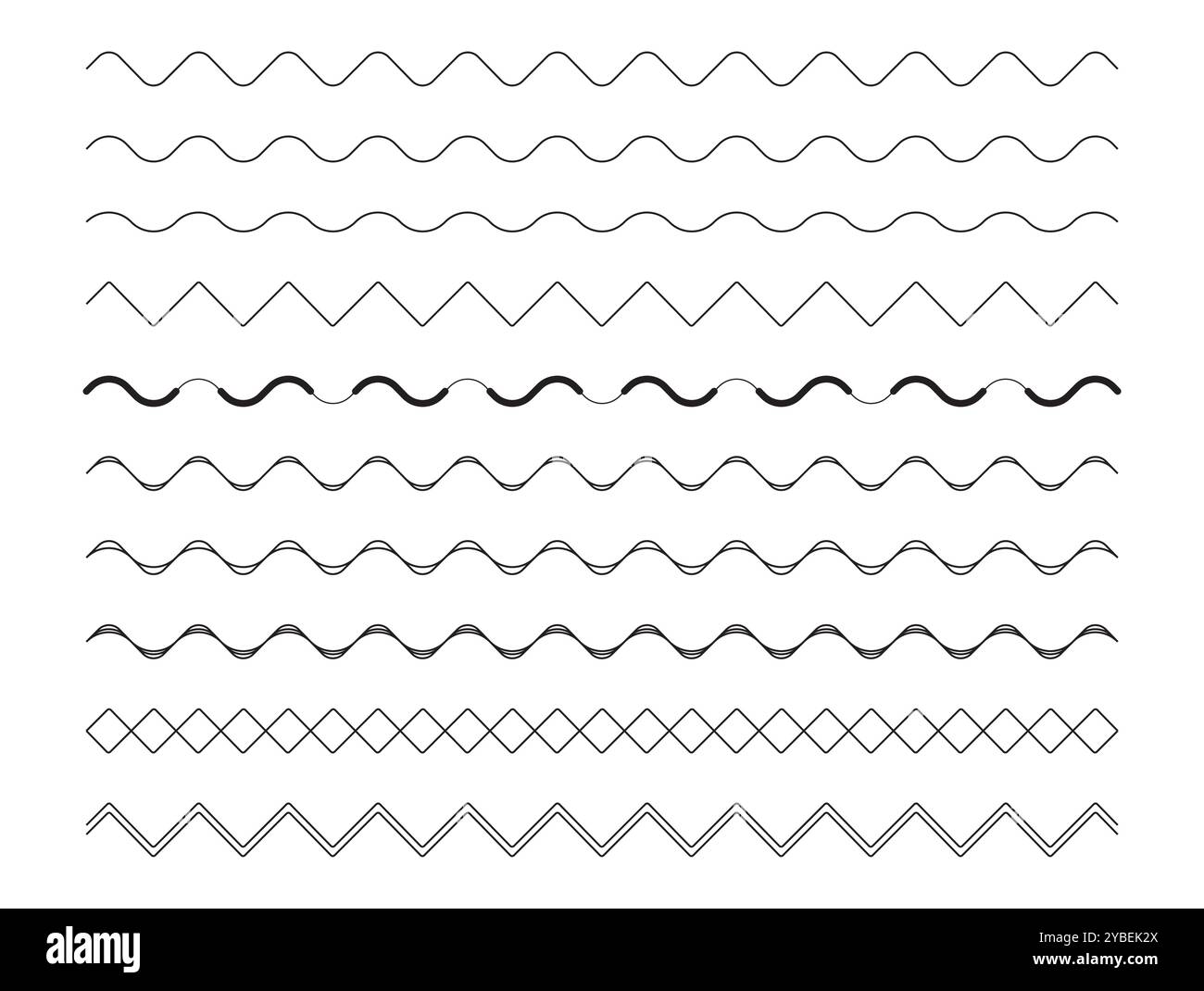 Set elementi cornice contorno linea onda zigzag Illustrazione Vettoriale