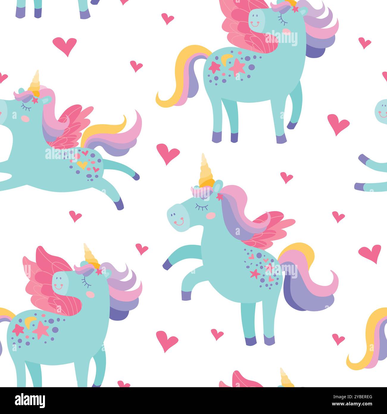 Simpatico unicorno con motivo a cuore senza cuciture. Stampa tessile bambini su sfondo bianco. Illustrazione vettoriale disegnata a mano. Consistenza colorata per biancheria da letto per bambini, Illustrazione Vettoriale