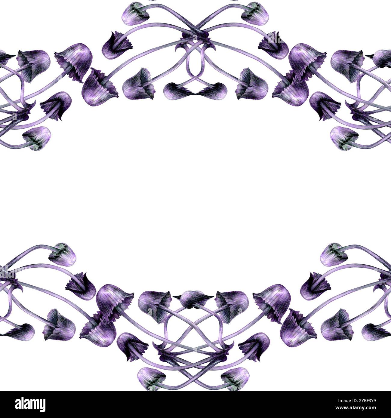 Motivo senza cuciture con sgabelli viola. Illustrazione ad acquerello di funghi magici in uno stile realistico su sfondo bianco. Elementi di progettazione del modello Foto Stock