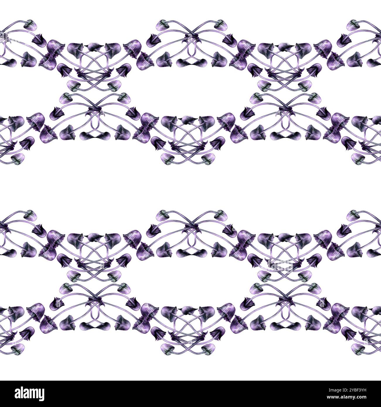 Motivo senza cuciture con sgabelli viola. Illustrazione ad acquerello di funghi magici in uno stile realistico su sfondo bianco. Elementi di progettazione del modello Foto Stock