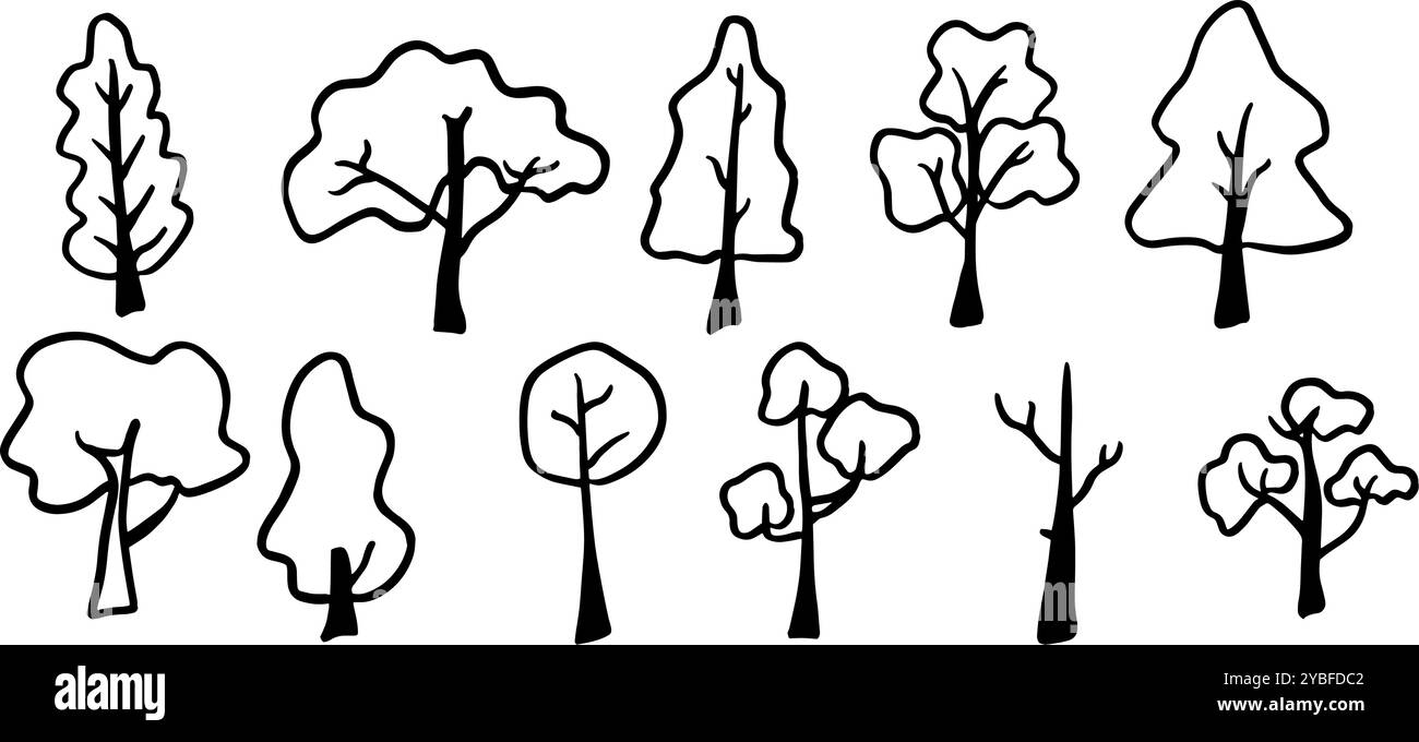 Illustrazione dei set di alberi | Doodle Vector minimalista per progetti naturalistici e paesaggistici, perfetto per progetti a tema naturalistico o ambientale Illustrazione Vettoriale