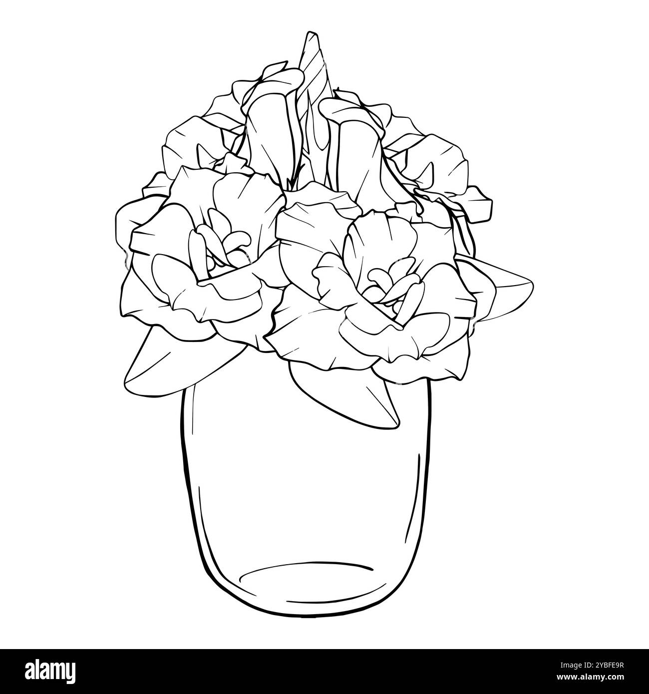 Illustrazione lineare bouquet di fiori in vaso. Disegno a mano dei contorni disegno dei fiori dello schizzo. Incisione vintage che fiorisce Eustoma su sfondo isolato Illustrazione Vettoriale