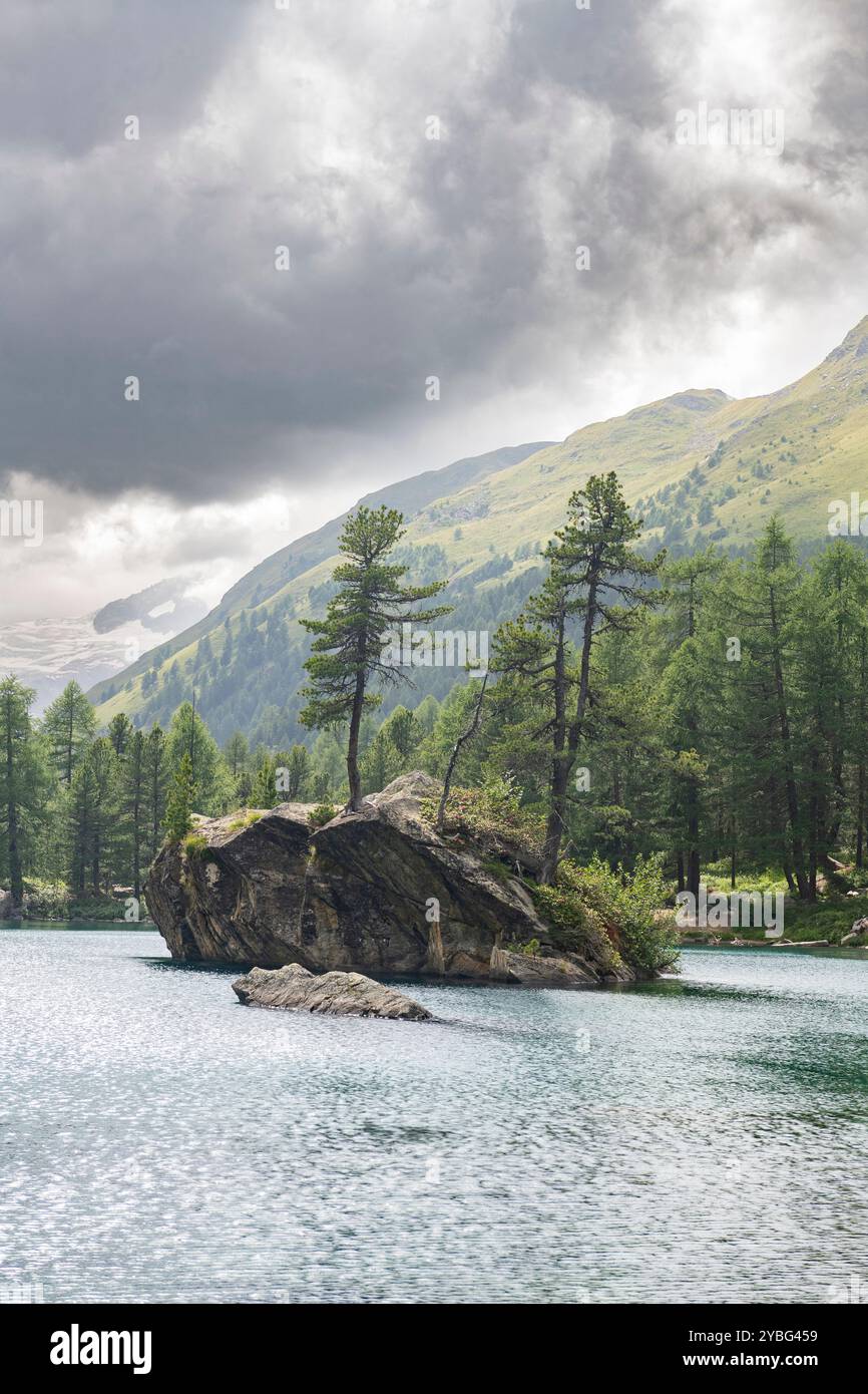 Vista panoramica alpina del lago Saoseo con riflessi e paesaggio montano robusto in Svizzera Foto Stock