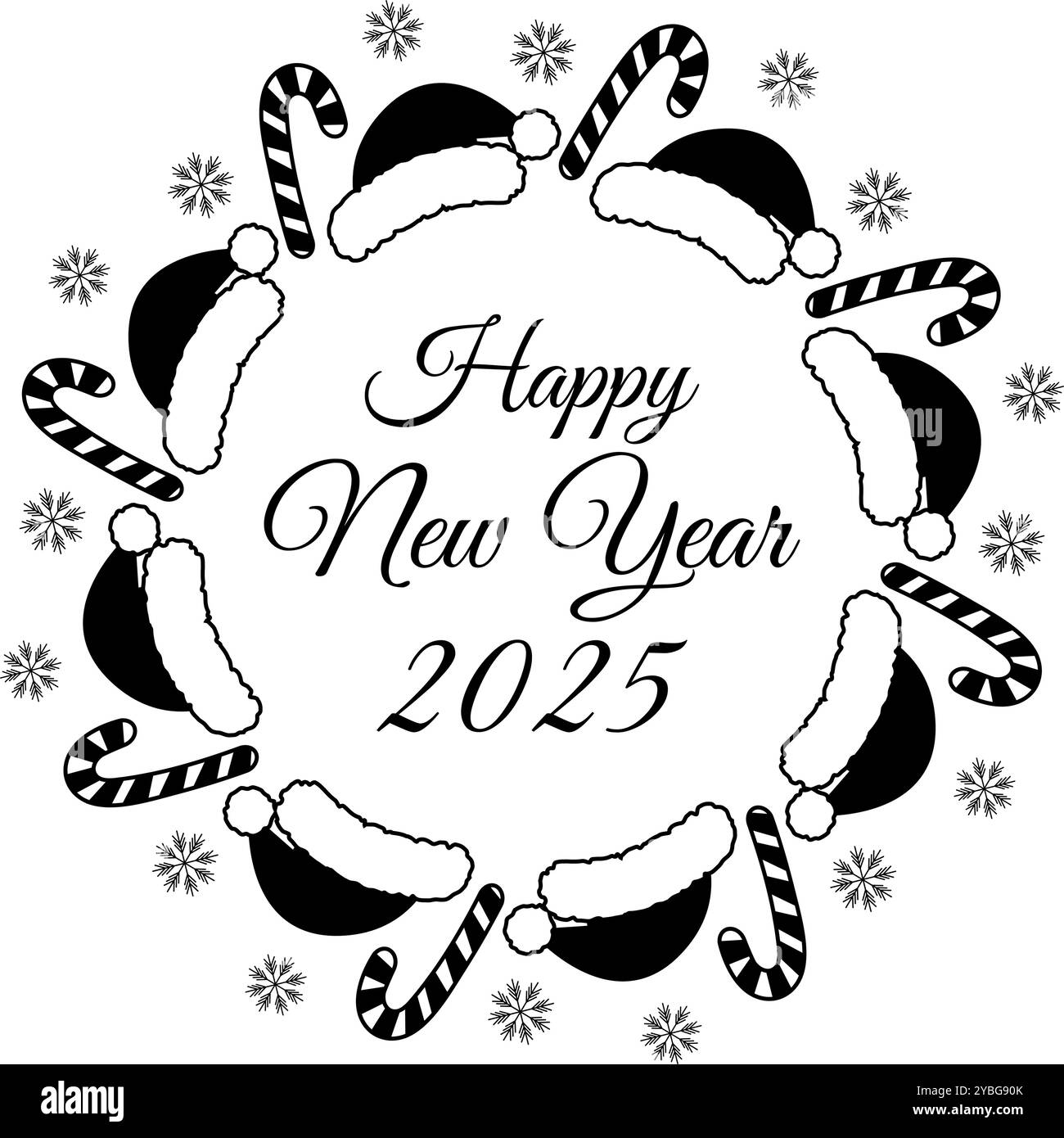 Happy New Year 2025 Lettering, Candy cane, Babbo Natale e fiocchi di neve telaio rotondo bianco e nero. Biglietti d'auguri per illustrazione vettore isolato, invito, poster, volantini, volantini, promozione sull'etichetta o sul web Illustrazione Vettoriale