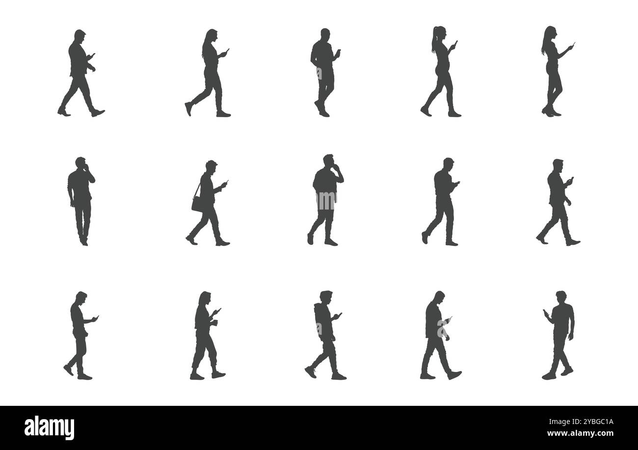 Persone che camminano con i vettori degli smartphone, persone che camminano con le silhouette degli smartphone, uomini che camminano con i loghi degli smartphone, donne che camminano con il vettore degli smartphone Illustrazione Vettoriale