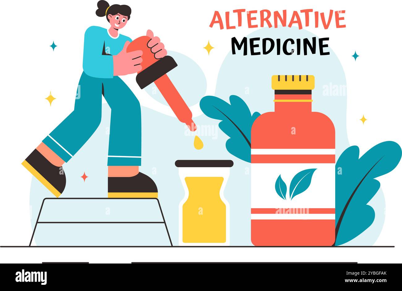 Illustrazione vettoriale della medicina alternativa o della guarigione di erbe con terapie energetiche, con radice di ginseng, oli essenziali e semi sullo sfondo Illustrazione Vettoriale