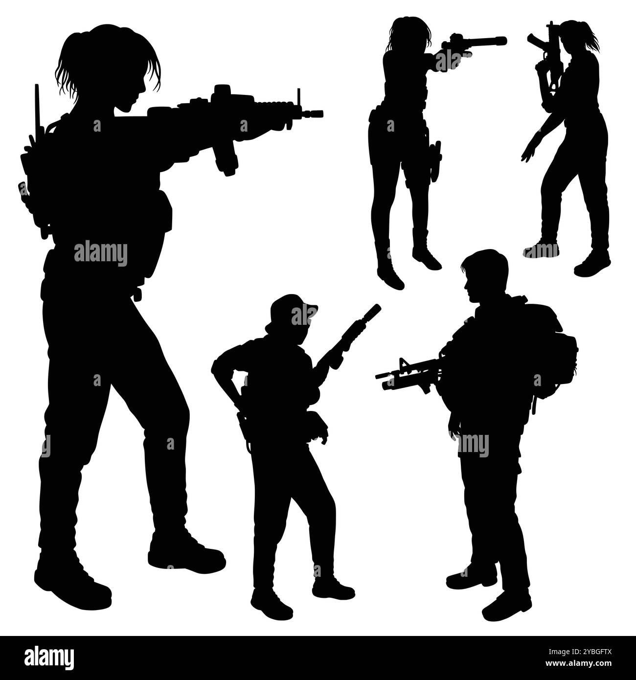 soldato militare uomo e donna silhouette in posa Illustrazione Vettoriale