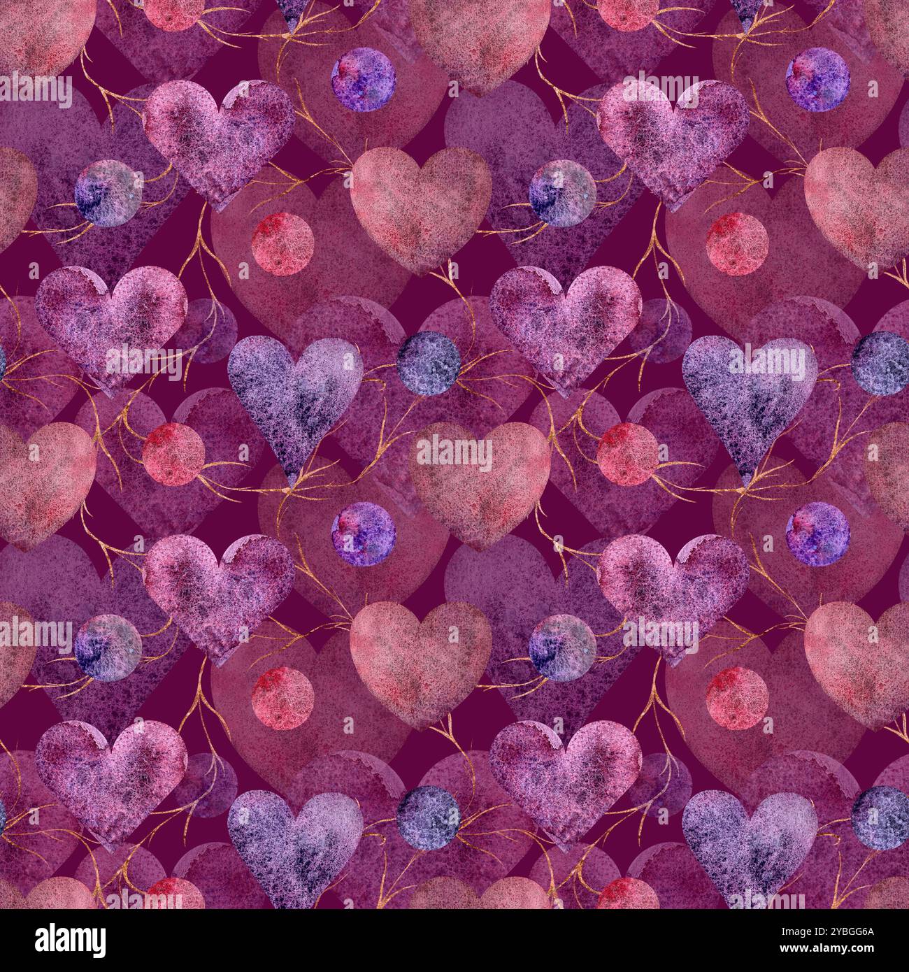 Un motivo splendidamente elegante con forme a cuore combinate con colori vivaci, perfetto per temi romantici. Motivo acquerello senza cuciture per la stampa su tessuto e carta. Foto Stock