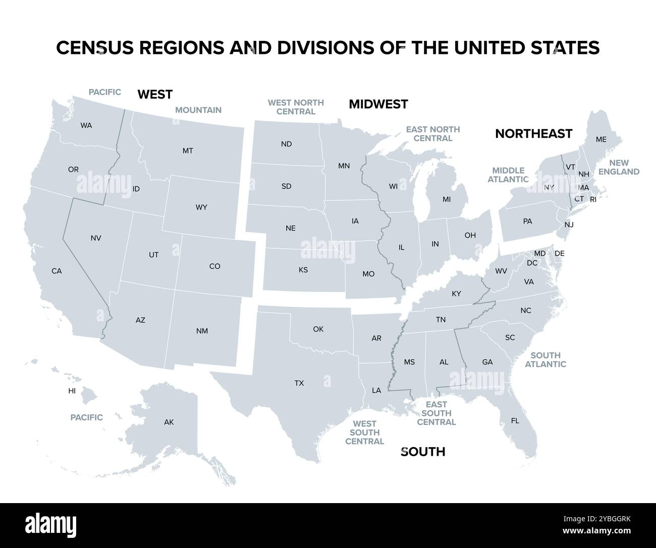 Stati Uniti d'America, regioni e divisioni del censimento, mappa politica grigia. Mappa degli Stati Uniti con 4 regioni principali, 9 divisioni, 50 stati e D.C. Foto Stock