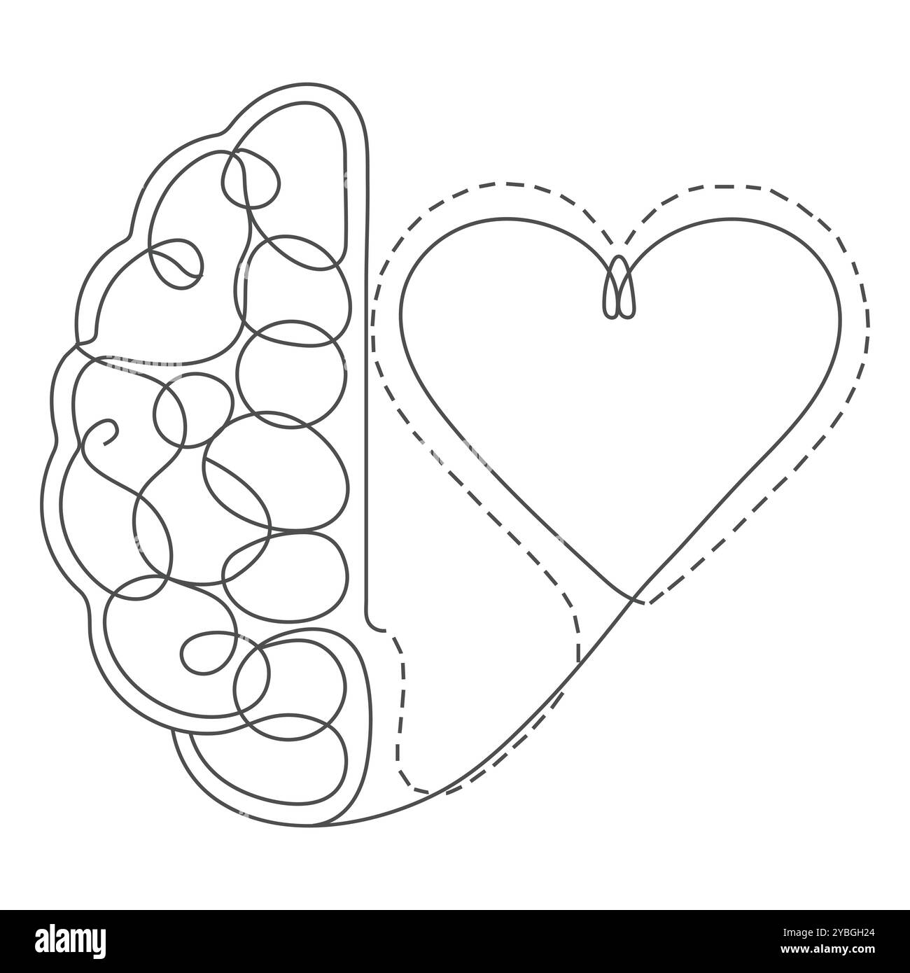 Un disegno continuo di metà cervello umano e l'icona del logo Love Heart Shape. Concetto di modello di simbolo del logotipo di affetto psicologico diviso. Illustrazione Vettoriale