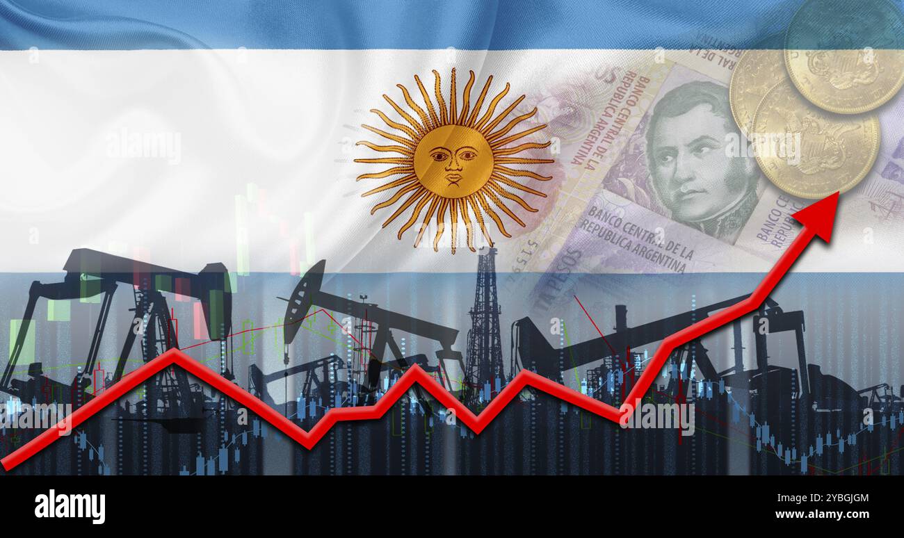 Concetto di crescita della produzione petrolifera argentina. Produzione di petrolio con bandiera argentina Foto Stock