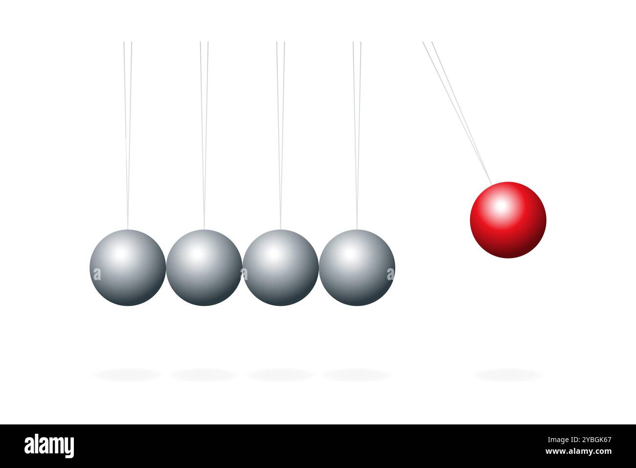 La culla di Newton con la sfera rossa. Dispositivo che dimostra i principi di conservazione dello slancio e dell'energia in fisica. Foto Stock