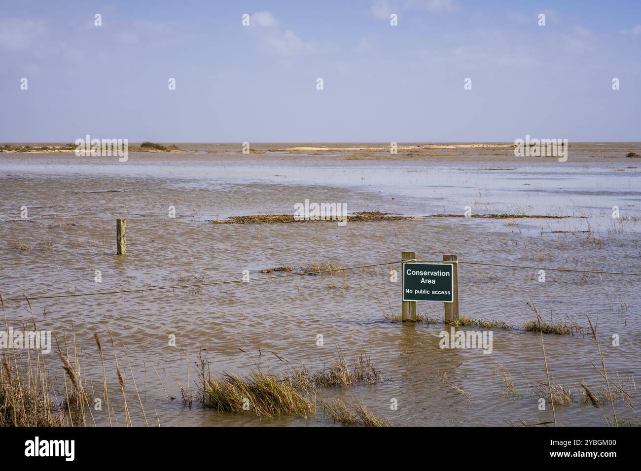 Cartello: Area protetta, nessun accesso pubblico, su terreni allagati vicino a Bradwell Beach, Essex, Inghilterra, Regno Unito Foto Stock