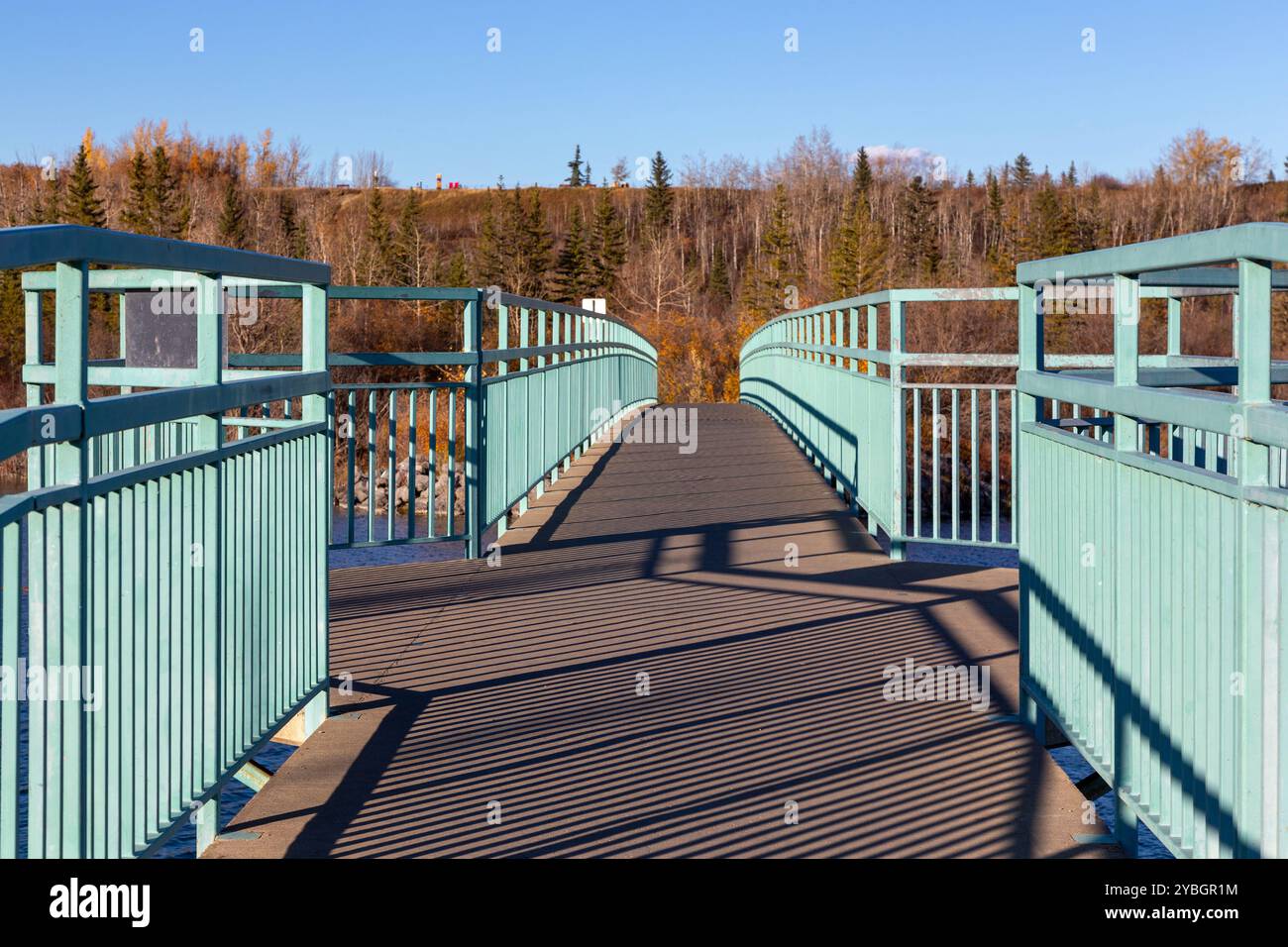 Passerella pedonale ed equestre sul fiume Elbow, Weaselhead Flats Natural Environment Park, Glenmore Reservoir Southwest Calgary Alberta Canada Foto Stock