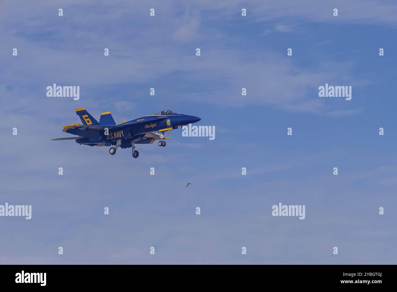 I Blue Angels della Marina americana hanno una precisione nel deserto della California, praticando un'intricata formazione volando al Naval Air Field El Centro per la upco Foto Stock