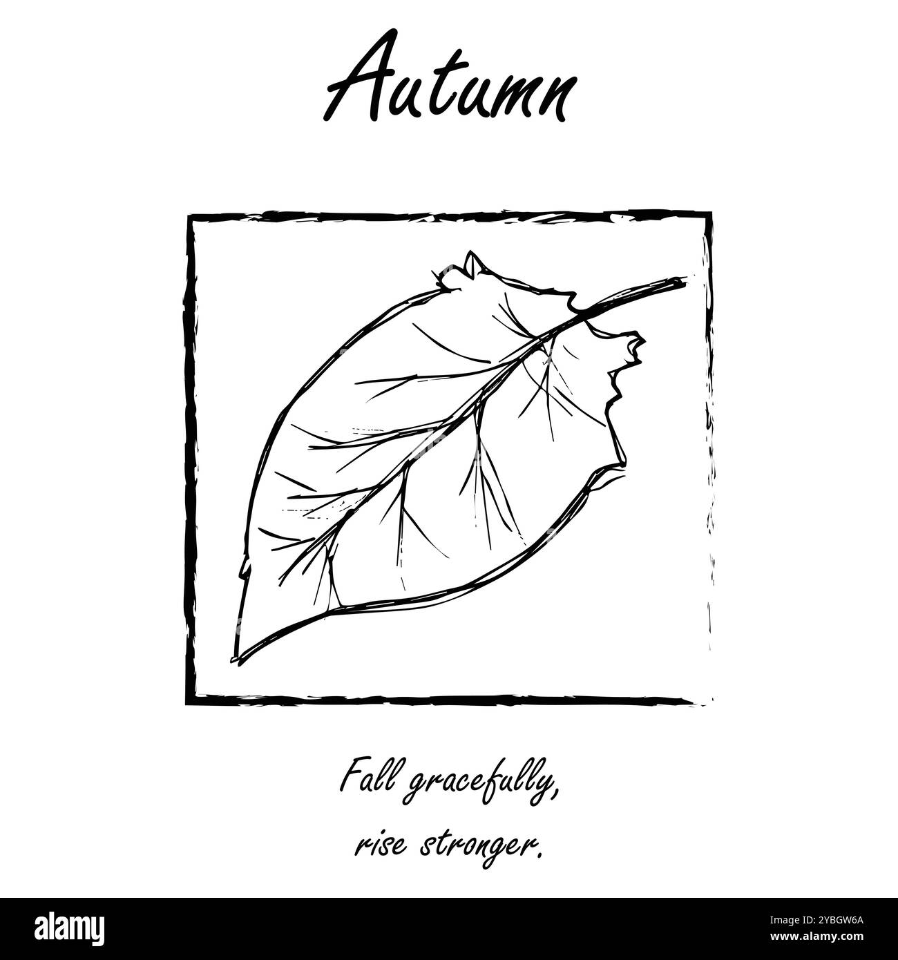 Biglietto d'auguri botanico in foglia d'autunno. Poster stagionale, cartolina, pagina da colorare, con una citazione "Fall graziosamente, rise strong". Illustrazione Vettoriale