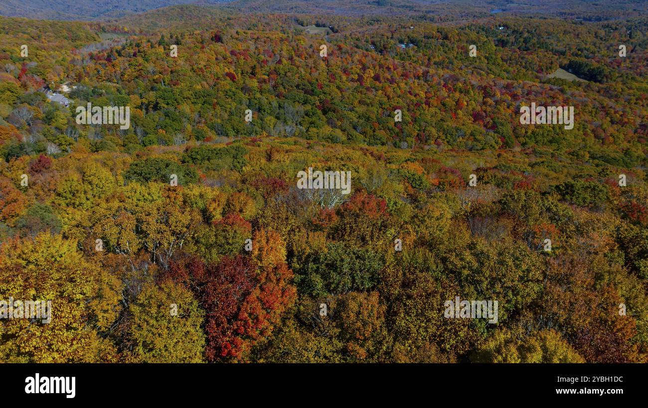 Vista aerea delle splendide formazioni rocciose lungo le montagne della Carolina del Nord mentre le foglie iniziano a cambiare durante la prima parte dell'autunno Foto Stock