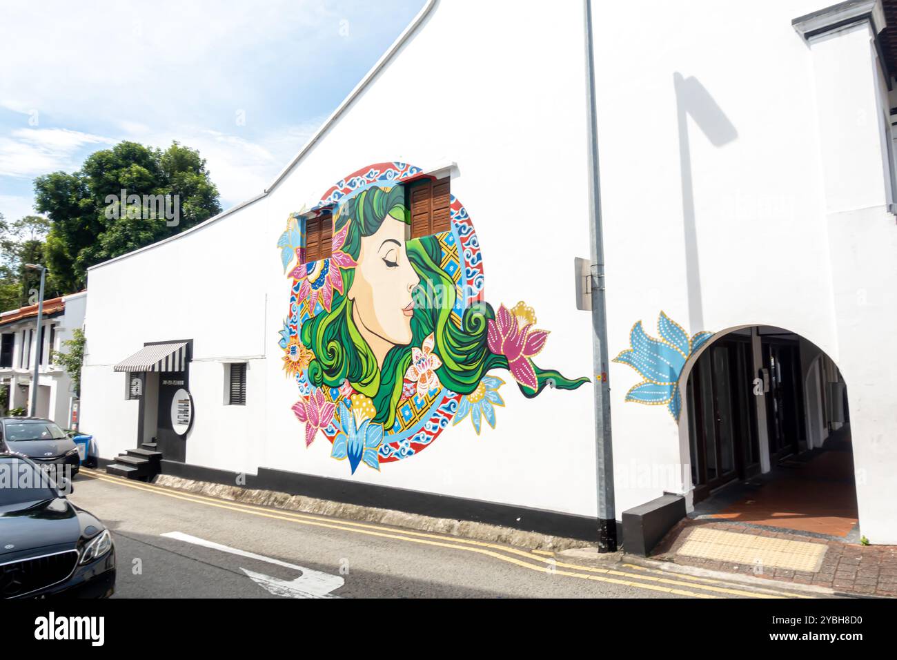 Murale raffigurante un volto di una donna di Cuban Bar la Boca, North Bridge Road, Kampong Gelam Singapore Foto Stock