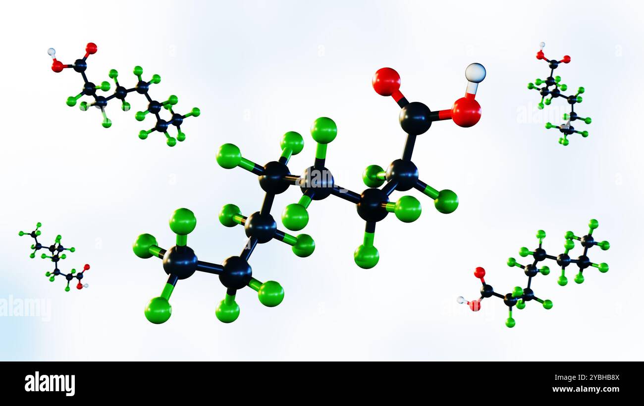 La rappresentazione 3d dell'acido perfluoroottanoico (PFOA) è una sostanza chimica artificiale. Il PFOA è considerato un tensioattivo o fluorotensioattivo. Foto Stock