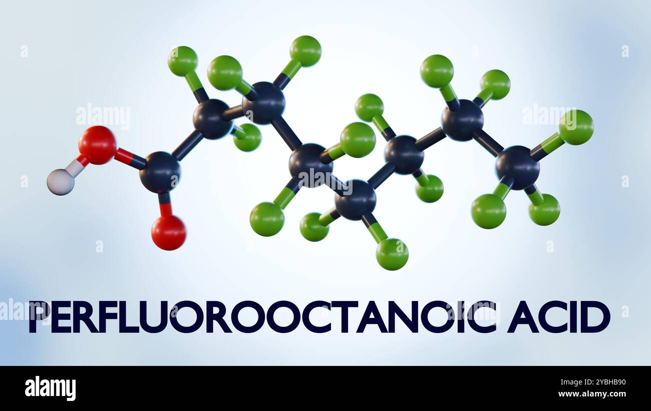 La rappresentazione 3d dell'acido perfluoroottanoico (PFOA) è una sostanza chimica artificiale. Il PFOA è considerato un tensioattivo o fluorotensioattivo. Foto Stock