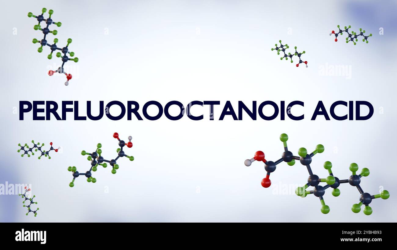 La rappresentazione 3d dell'acido perfluoroottanoico (PFOA) è una sostanza chimica artificiale. Il PFOA è considerato un tensioattivo o fluorotensioattivo. Foto Stock
