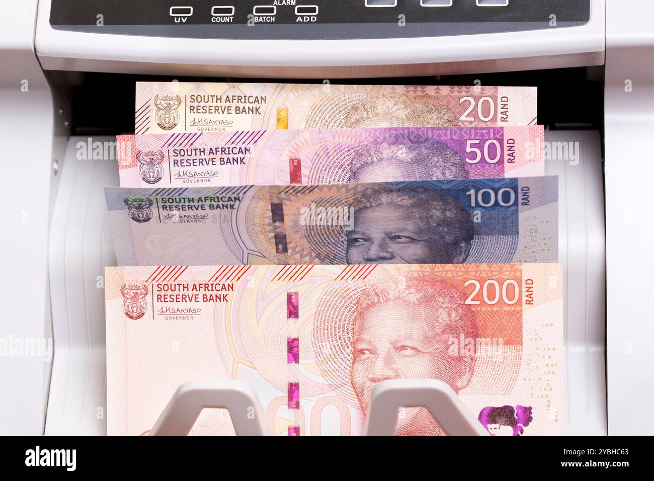 Soldi sudafricani - rand nella macchina di conteggio Foto Stock