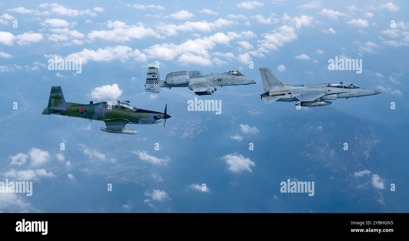 Un fa-50 Golden Eagle della Republic of Korea Air Force, a destra, e KA-1 Woongbi, a sinistra, assegnati al treno ROKAF 8th Fighter Wing con un A-10 Thunderbolt Foto Stock