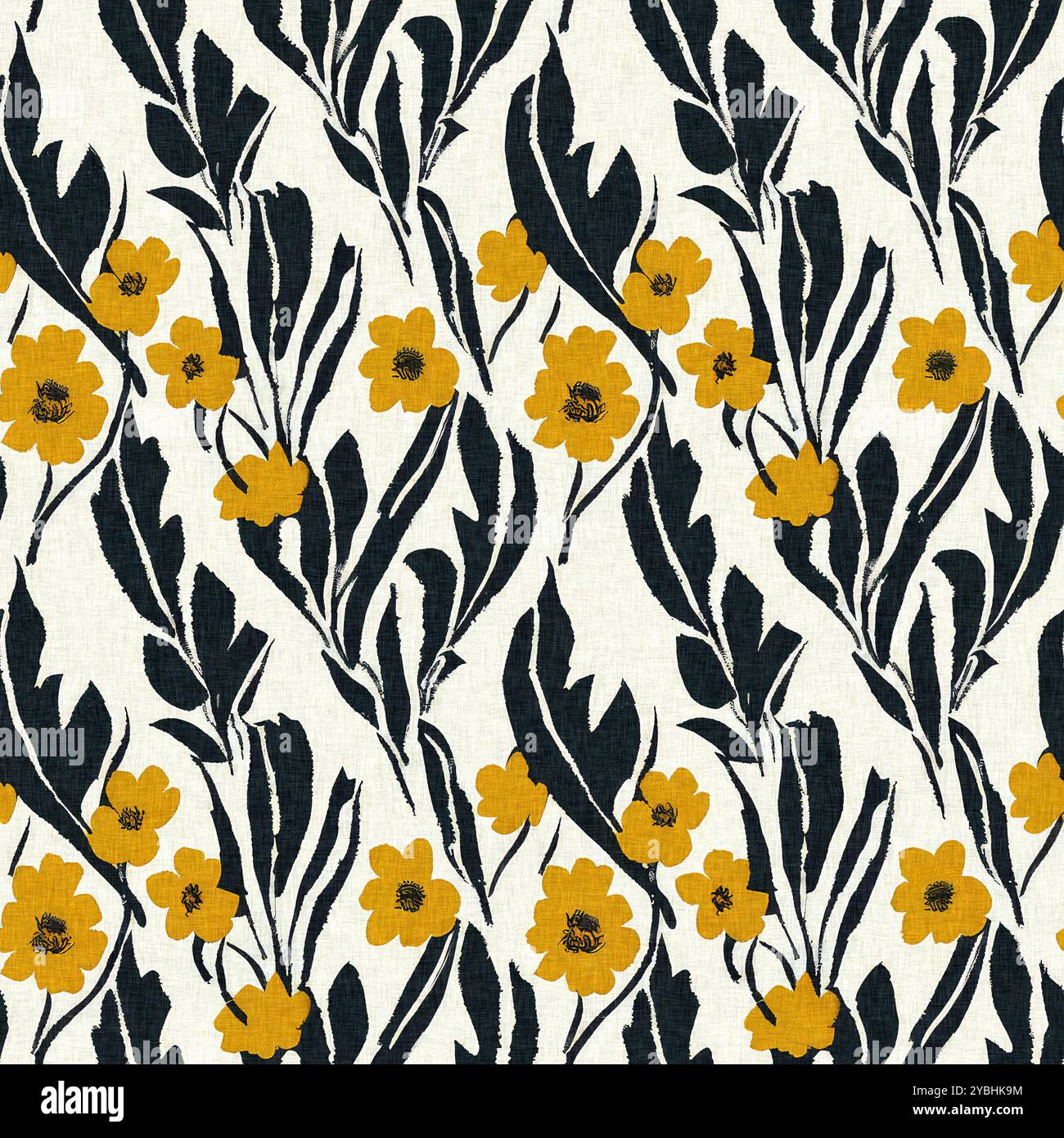 Moderno motivo blockprint in tessuto stampato con fiori selvatici e texture in lino. Motivi floreali boho scuri disegnati a mano stilizzati per elementi di design decorativi Foto Stock
