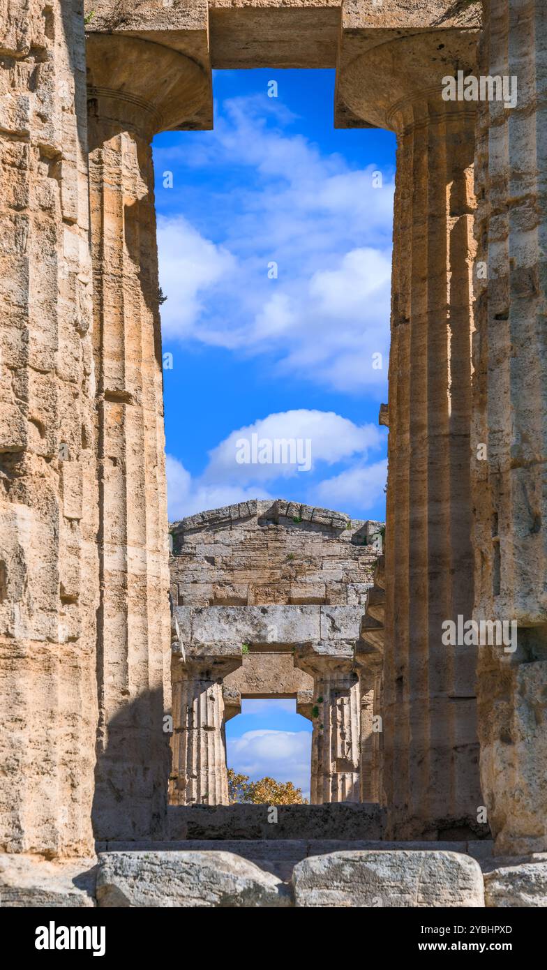Tempio di Nettuno a Paestum in Italia: Dettaglio delle colonne doriche. Foto Stock
